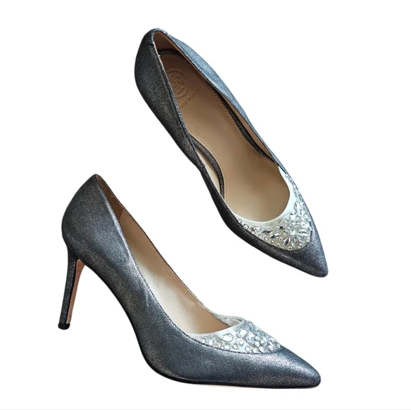 Tory Burch Delphine Pewter & Jewel Embellished Crystal Pump Heels Size 10 - Picture 9 of 11